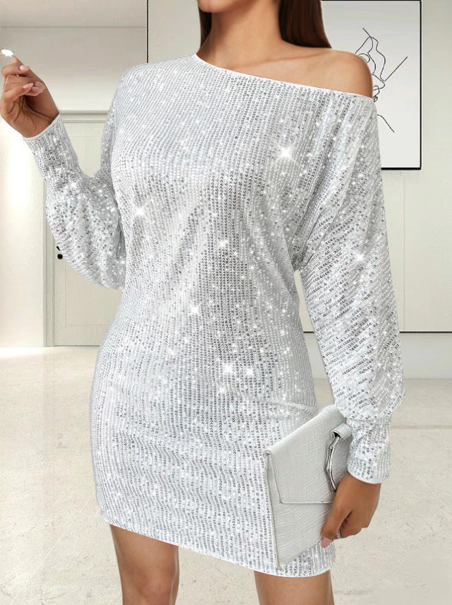 Damen Funkelndes Minikleid mit asymmetrischem Ausschnitt und Ballonärmeln R&B