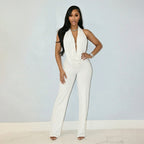 Damen Eleganter Jumpsuit mit tiefem V-Ausschnitt und fließendem Stoff R&B
