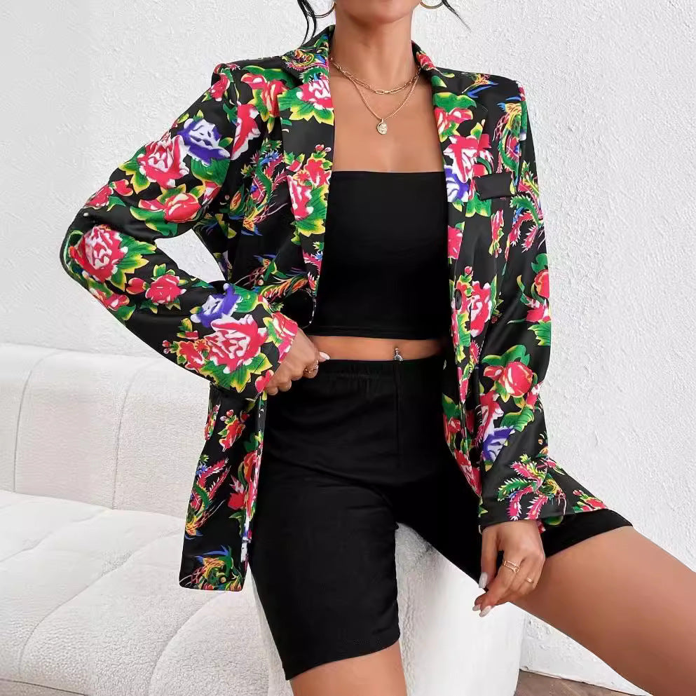 R&B | Blazer Slim Passform Maßgeschneiderter Schnitt Blumenmuster Weicher Glänzender Stoff