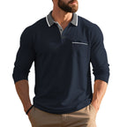 Herren nan langärmeliges Polohemd mit Kontrastkragen, Brusttasche und feinem Baumwollstretch R&B