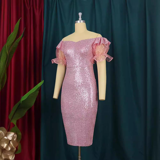 Damen Glitzerndes Cocktailkleid mit schulterfreiem Design und voluminösen Puffärmeln R&B