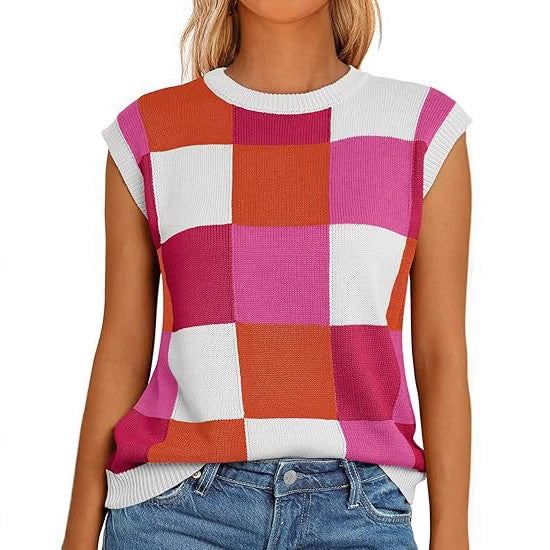Damen lässiges ärmelloses Pullover-Top mit karierter Musterung R&B