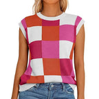 Damen lässiges ärmelloses Pullover-Top mit karierter Musterung