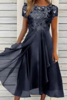 Damen nan fließendes Chiffon-Midikleid mit blumenbesticktem Oberteil und asymmetrischem Stufenrock R&B