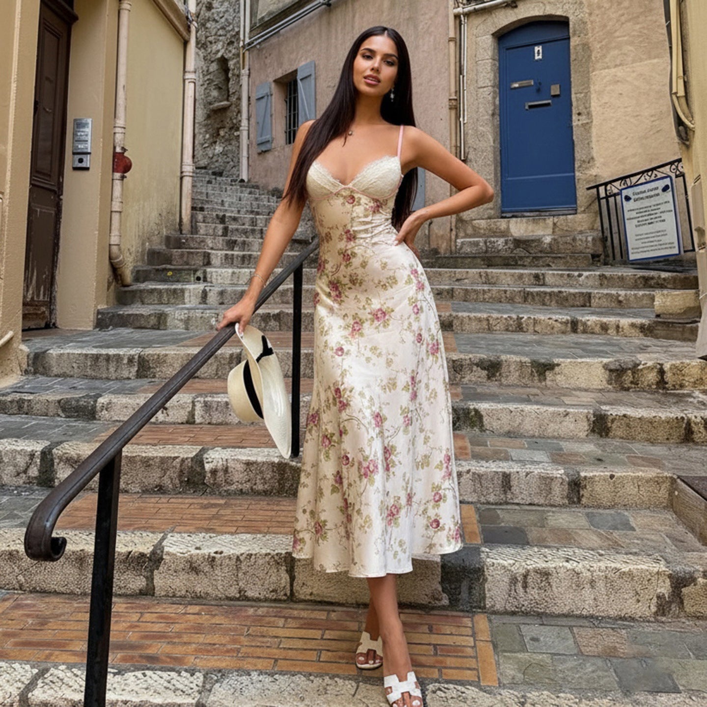 Damen Nachthemd mit elegantem Blumendruck und feinen Spaghettiträgern R&B