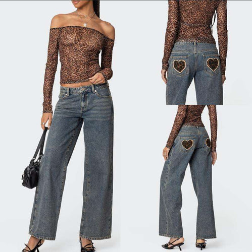 Damen Off-Shoulder Langarmshirt mit Leopardenmuster R&B