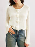 Damen kurze Strickjacke mit dekorativem Blumenknopf