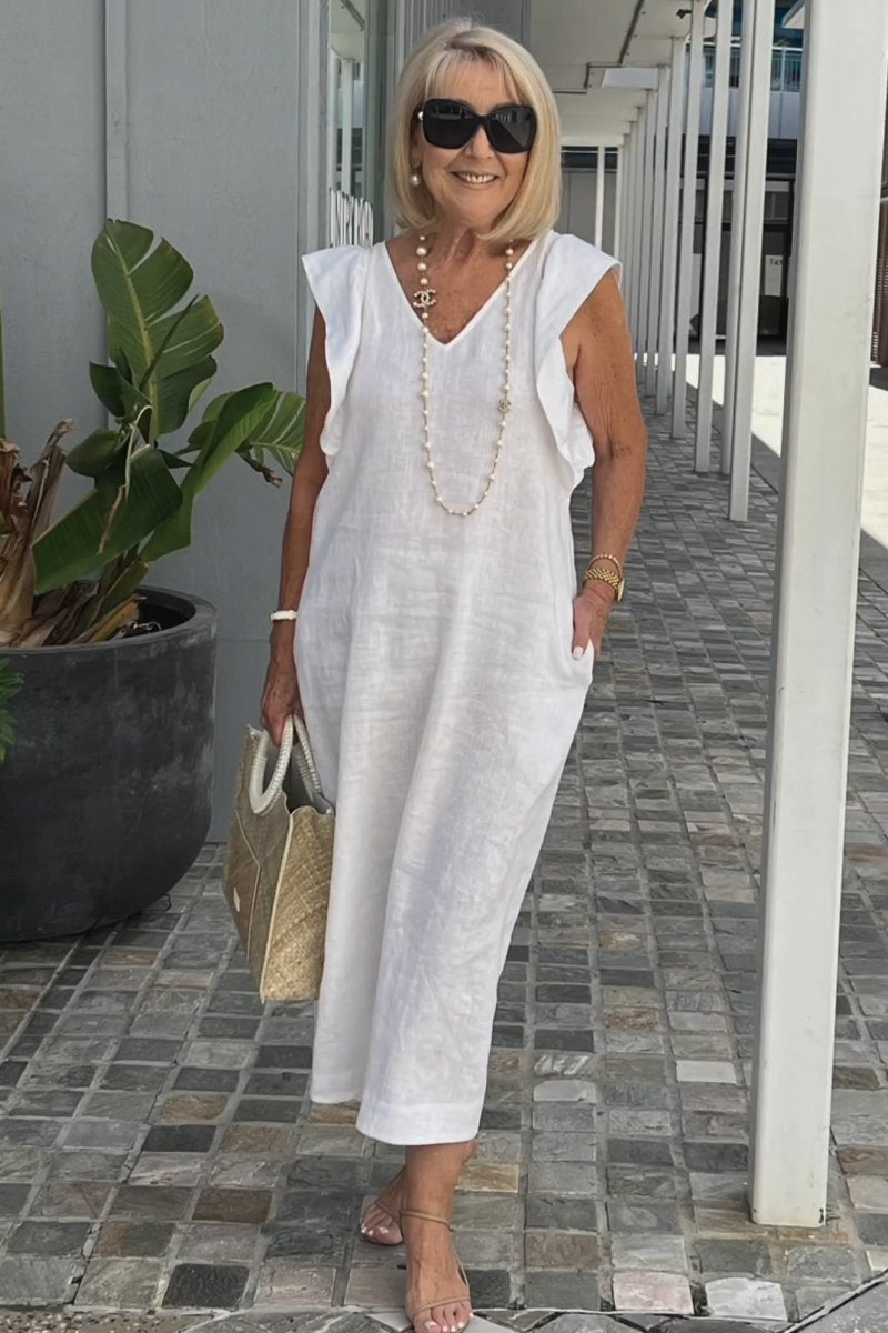 Damen Maxikleid mit V-Ausschnitt und angeschnittenem Ärmel R&B