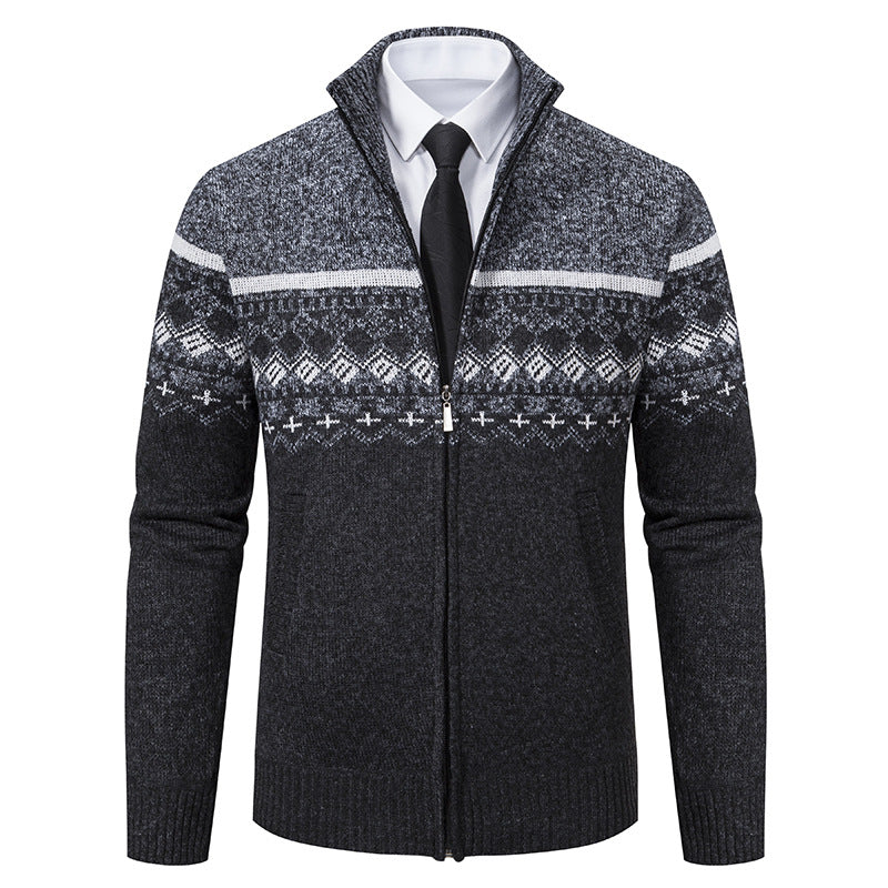 Herren Strickjacke mit Stehkragen und Norweger-Muster R&B