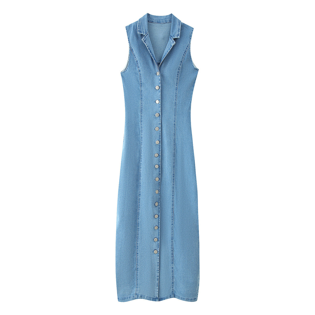 Damen Denim Maxikleid mit Knopfleiste und hohem Kragen R&B