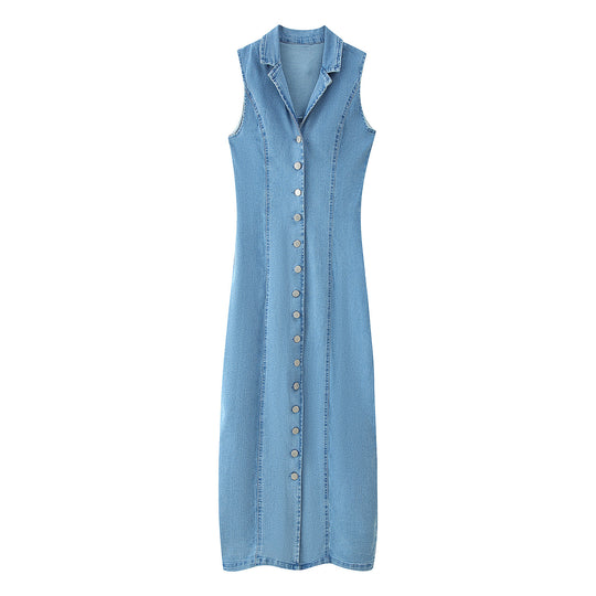 Damen Denim Maxikleid mit Knopfleiste und hohem Kragen R&B