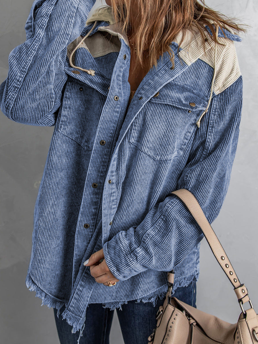 R&B | Jacke mit Kapuze Oversized Fit Cord-Textur Knopfverschluss Fransenrand