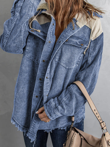 R&B | Jacke mit Kapuze Oversized Fit Cord-Textur Knopfverschluss Fransenrand