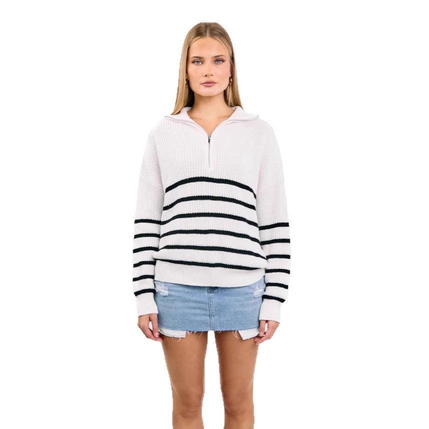 Damen sportlicher Strickpullover mit halbem Reißverschluss und Streifenmuster R&B