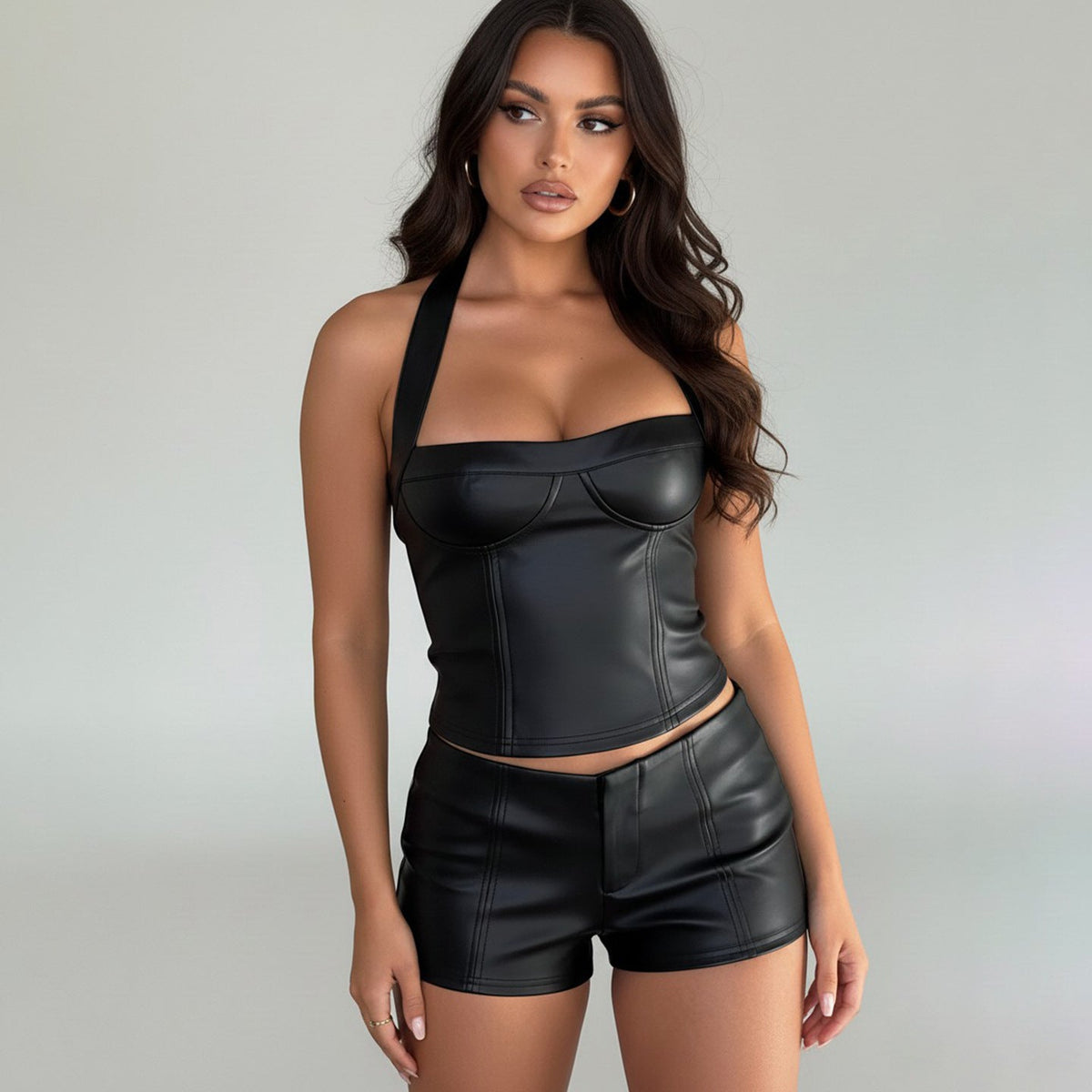 Damen Kunstleder Crop-Top mit romantischem Schnitt und verführerischem Bustier-Wirkung R&B