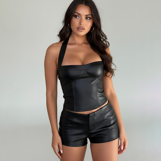 Damen Kunstleder Crop-Top mit romantischem Schnitt und verführerischem Bustier-Wirkung R&B