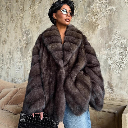 Damen luxuriöse Kunstfelljacke mit weitem Schnitt und modischen Details R&B