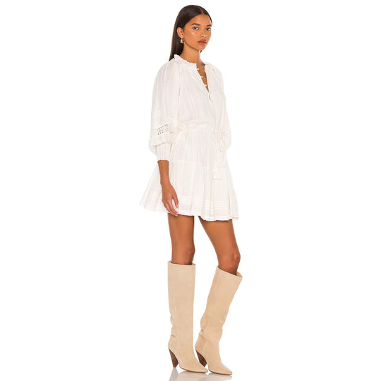 Damen luftiges Tunika-Kleid mit dekorativen Knopfdetails und Taillenzug R&B