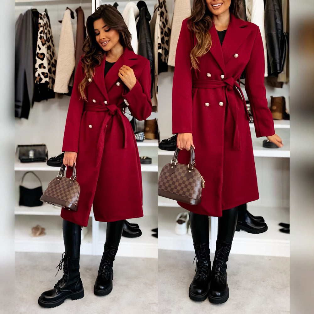 Damen eleganter Mantel mit Taillengürtel und doppelter Knopfblende R&B