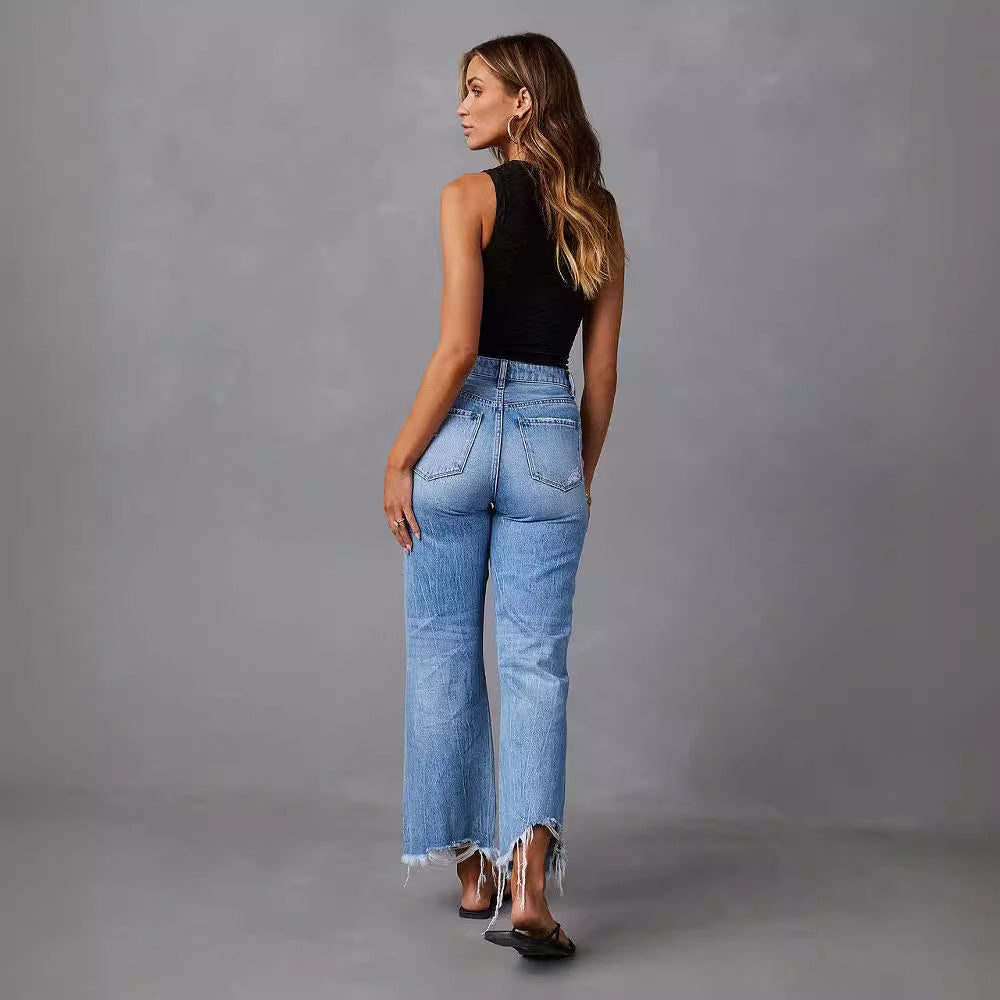 Damen Flared Jeans mit Distressed-Effekten und hohem Bund R&B