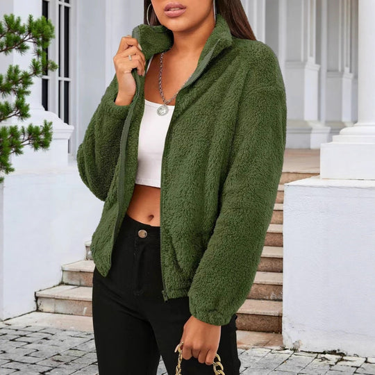 Damen Flauschige Fleecejacke mit hohem Kragen und seitlichen Taschen R&B