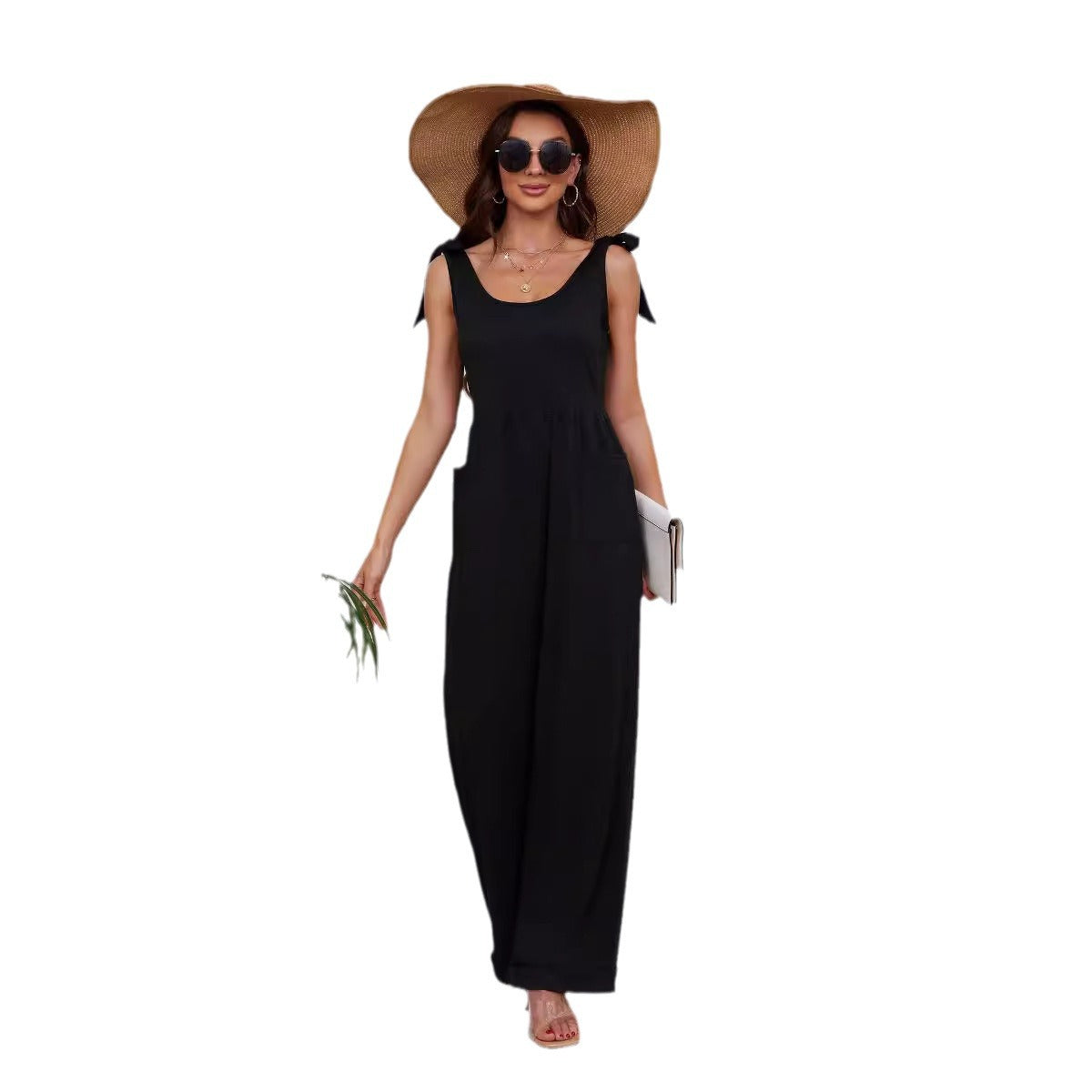 Damen Eleganter Jumpsuit mit verstellbaren Trägern und weitem Bein R&B