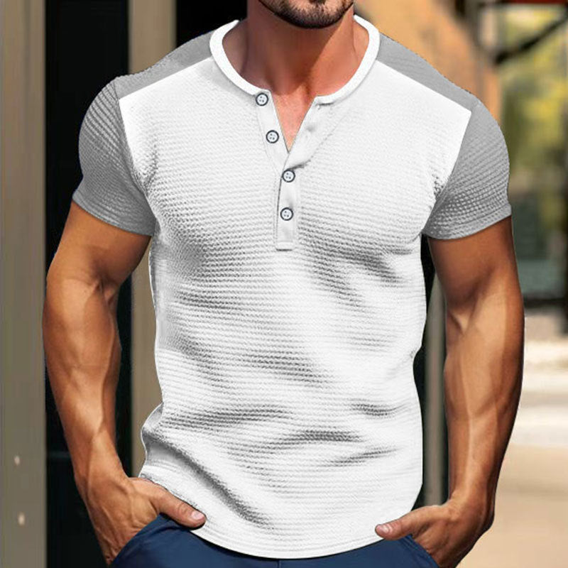Herren Kurzarm-Hemd mit modischem Henley-Kragen und Kontrastärmel R&B
