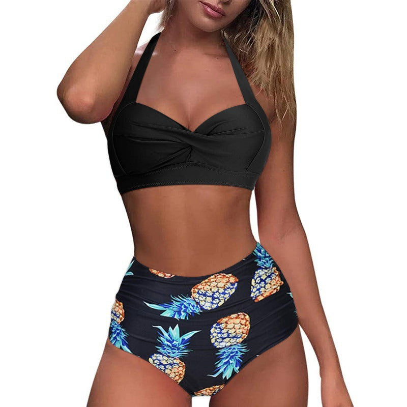 Damen Hochtaillierter Karobikini mit gerafftem Oberteil R&B