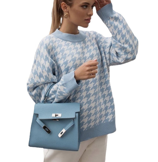 Damen Grobstrickpullover mit modernem Hahnentrittmuster und lässigem Schnitt R&B
