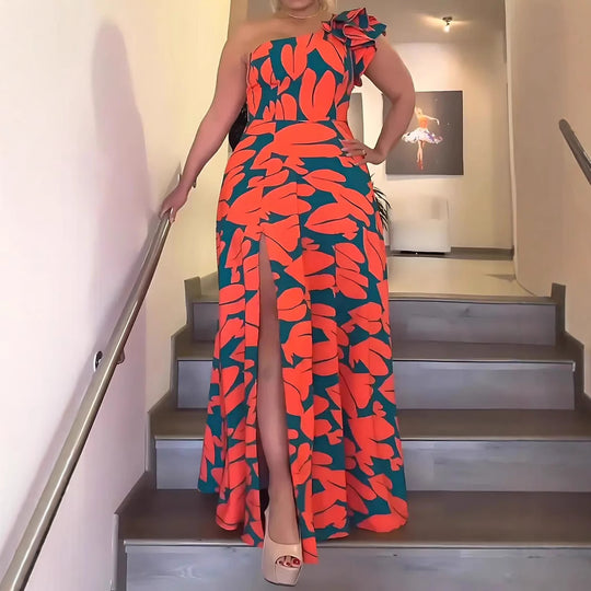 Damen Maxikleid mit asymmetrischen Rüschen und hohem Schlitz R&B