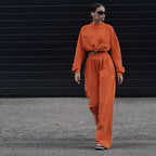 Damen trendiges Cropped Sweatshirt und weite Hose Set