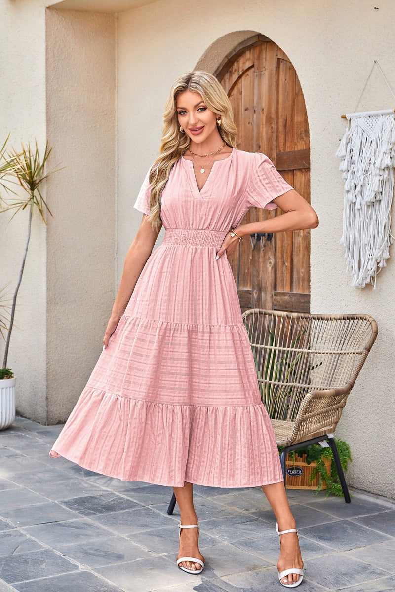 R&B | Kleid mit V-Ausschnitt und plissierten Blasenärmeln