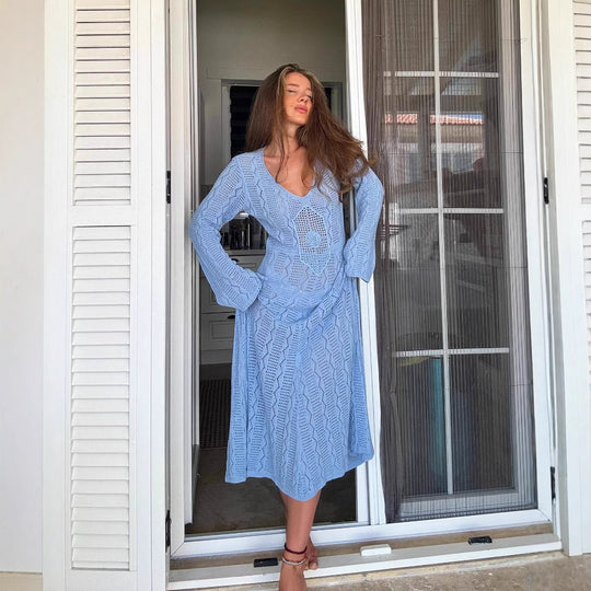 Damen Maxikleid mit raffiniertem Häkelmuster und eleganten Ärmeln R&B