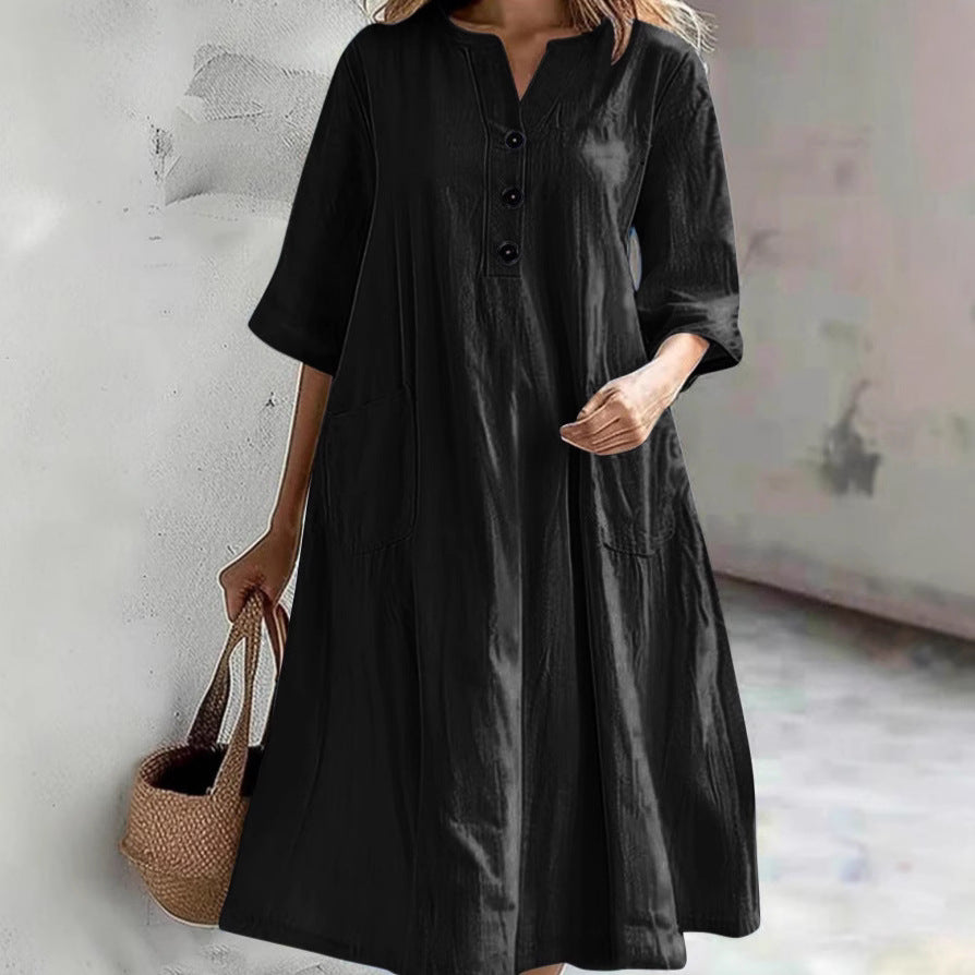 Damen lässiges Leinenkleid mit praktischen Taschen und Knopfdetails R&B