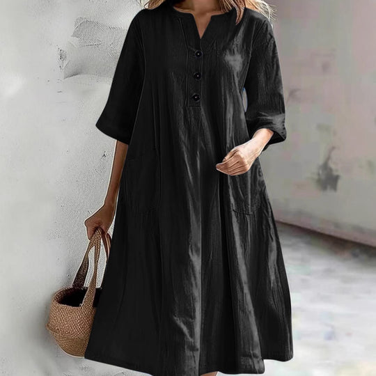 Damen lässiges Leinenkleid mit praktischen Taschen und Knopfdetails R&B