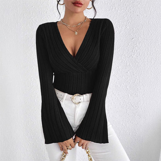 Damen elegantes Wickeloberteil mit Rippstrick und gedrilltem Design R&B