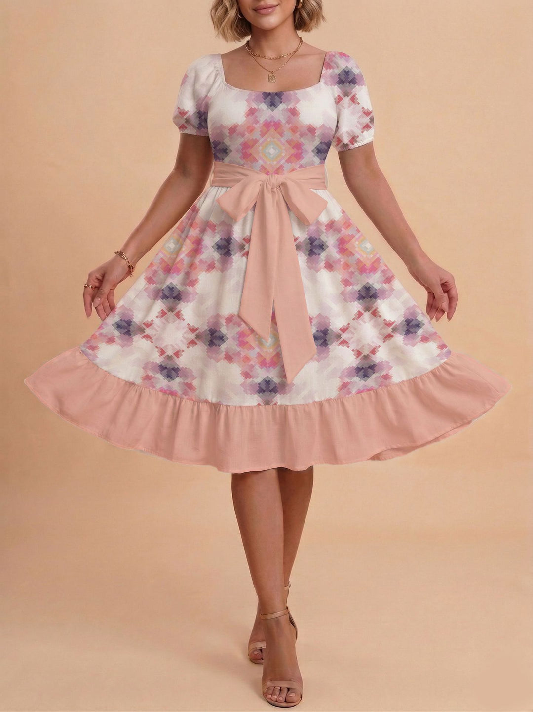 Damen Midikleid mit verspieltem Druck und tailliertem Schnitt R&B