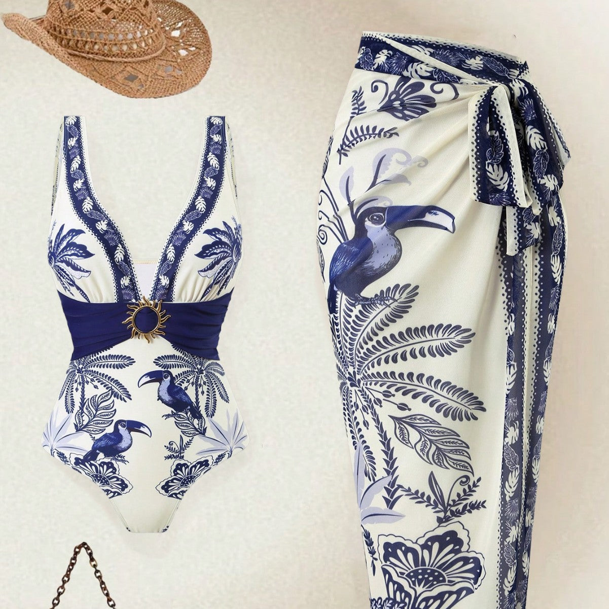 Damen Einteiliger Badeanzug mit floralem Design und elegantem Wickelrock R&B