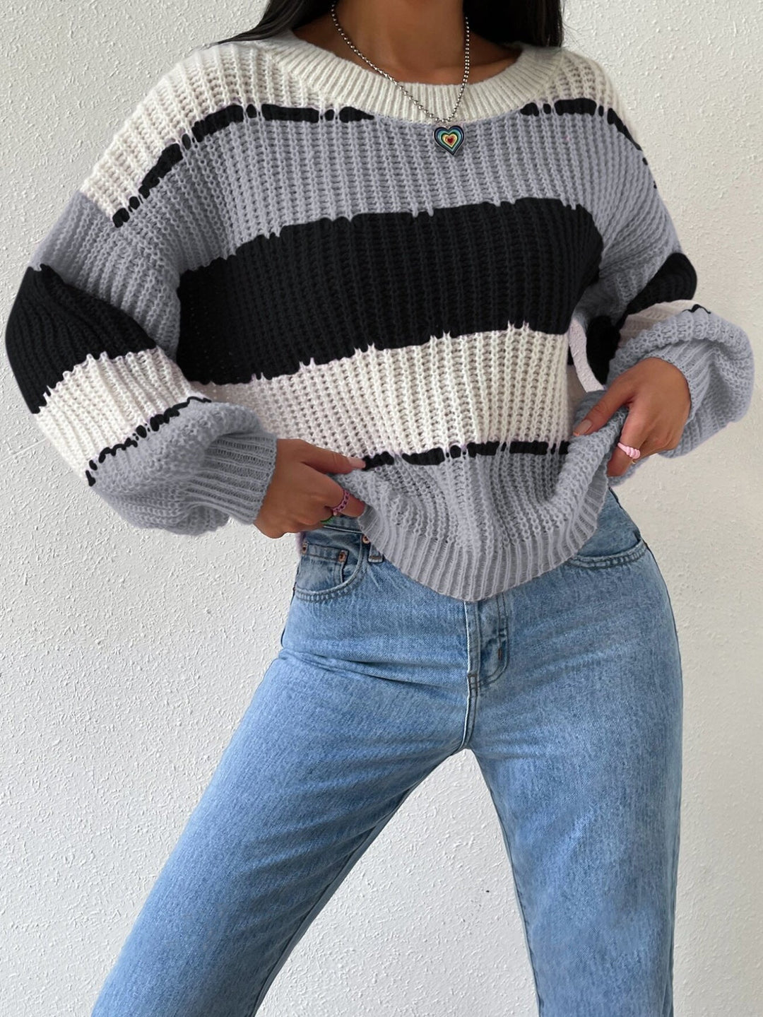 R&B | Pullover Pullover Grobstrick Übergröße Fit Langarm Freizeit Crew Neck