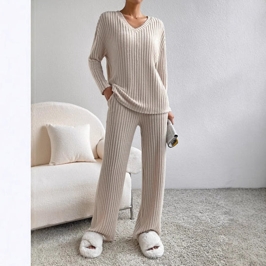 Damen Lässiges Strick-Lounge-Set aus weichem, geripptem Material R&B
