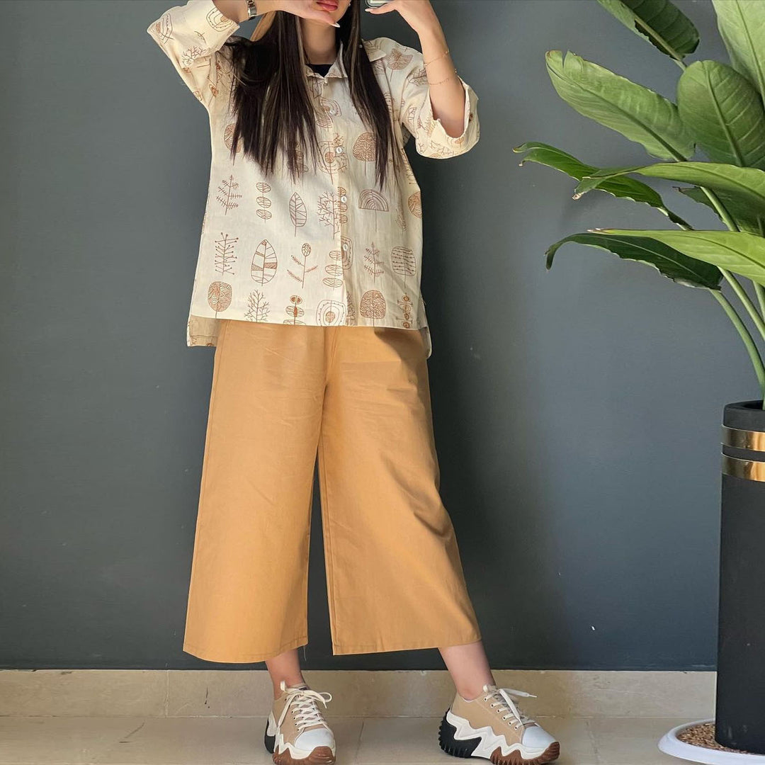 Damen Lässige Tunika-Bluse mit modernem Print und weiten Hosen R&B