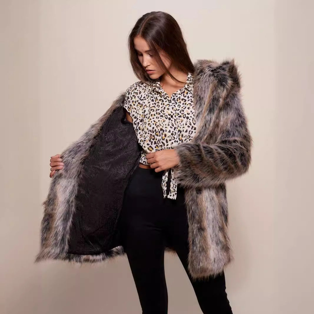Damen Luxuriöser Kunstpelzmantel mit Kapuze R&B