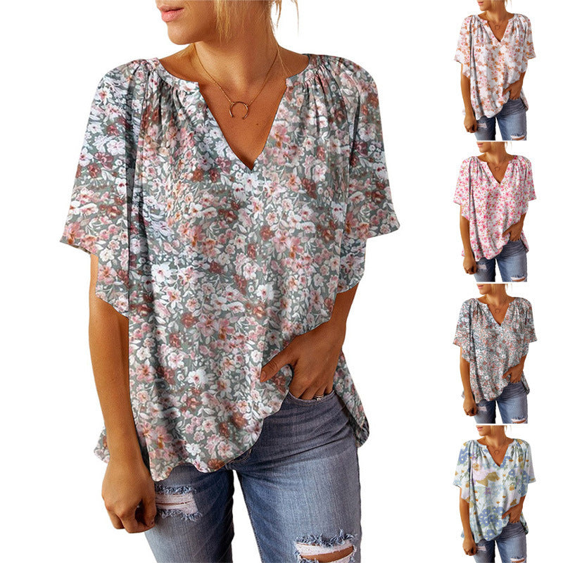 Damen luftiges V-Ausschnitt Blusenshirt mit floralem Muster R&B