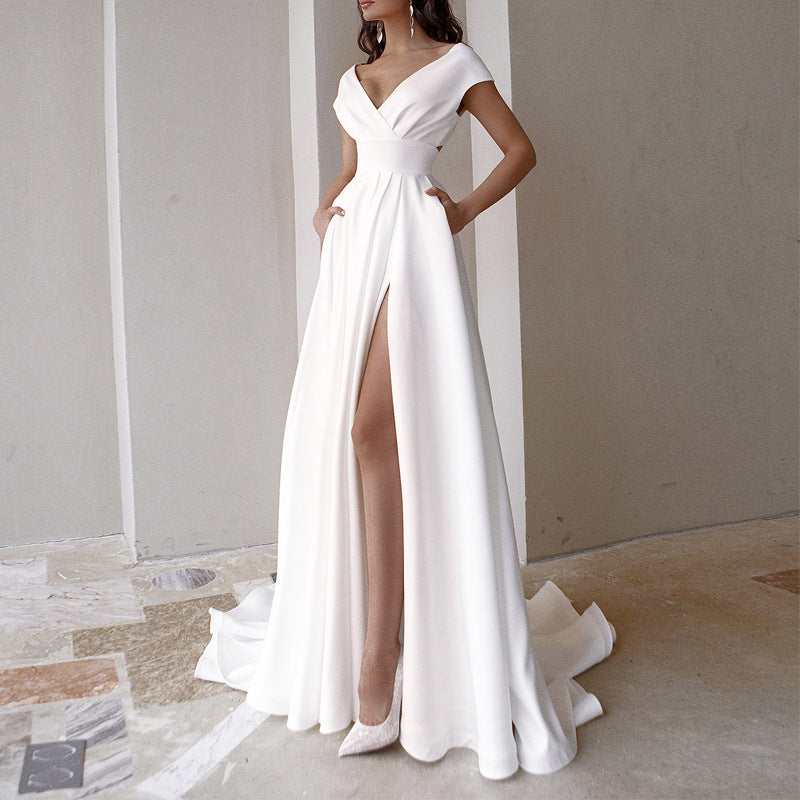Damen elegantes Maxikleid mit tiefem V-Ausschnitt und seitlichem Schlitz R&B