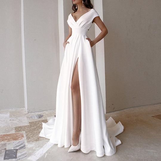 Damen elegantes Maxikleid mit tiefem V-Ausschnitt und seitlichem Schlitz R&B