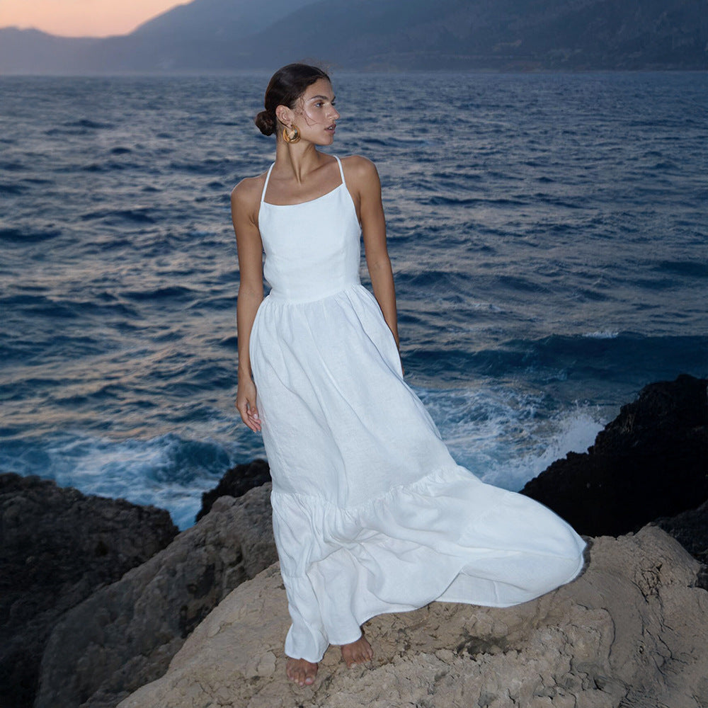 Damen Elegantes Maxikleid aus Leinen mit Querriemen R&B