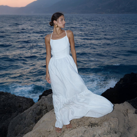 Damen Elegantes Maxikleid aus Leinen mit Querriemen R&B