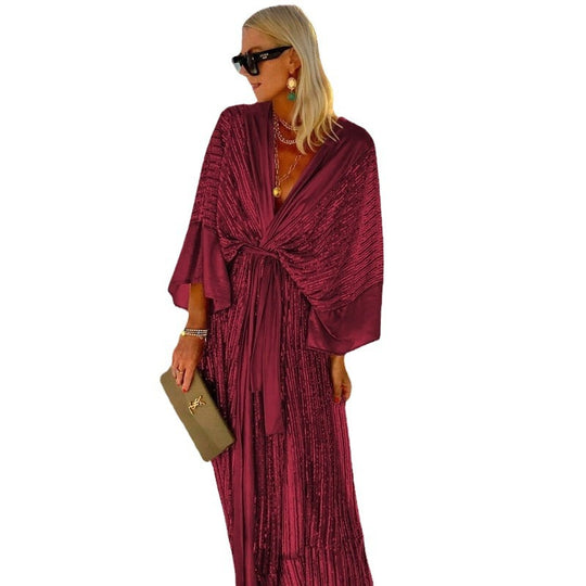 Damen Glitzerndes Maxikleid mit elegantem Wickeldesign und fließenden Ärmeln R&B