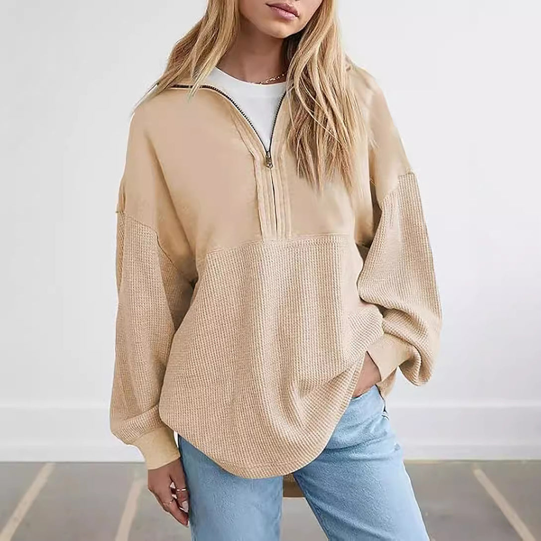 Damen lässiger Kapuzenpullover mit halblangem Reißverschluss und strukturiertem Material R&B