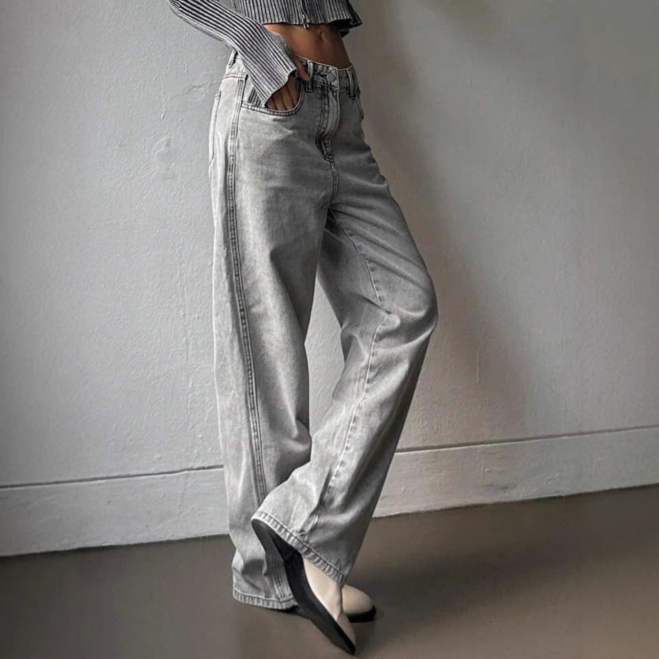 Damen weite Jeans im lässigen Vintage-Design mit hoher Taille und beständigem Stoff R&B